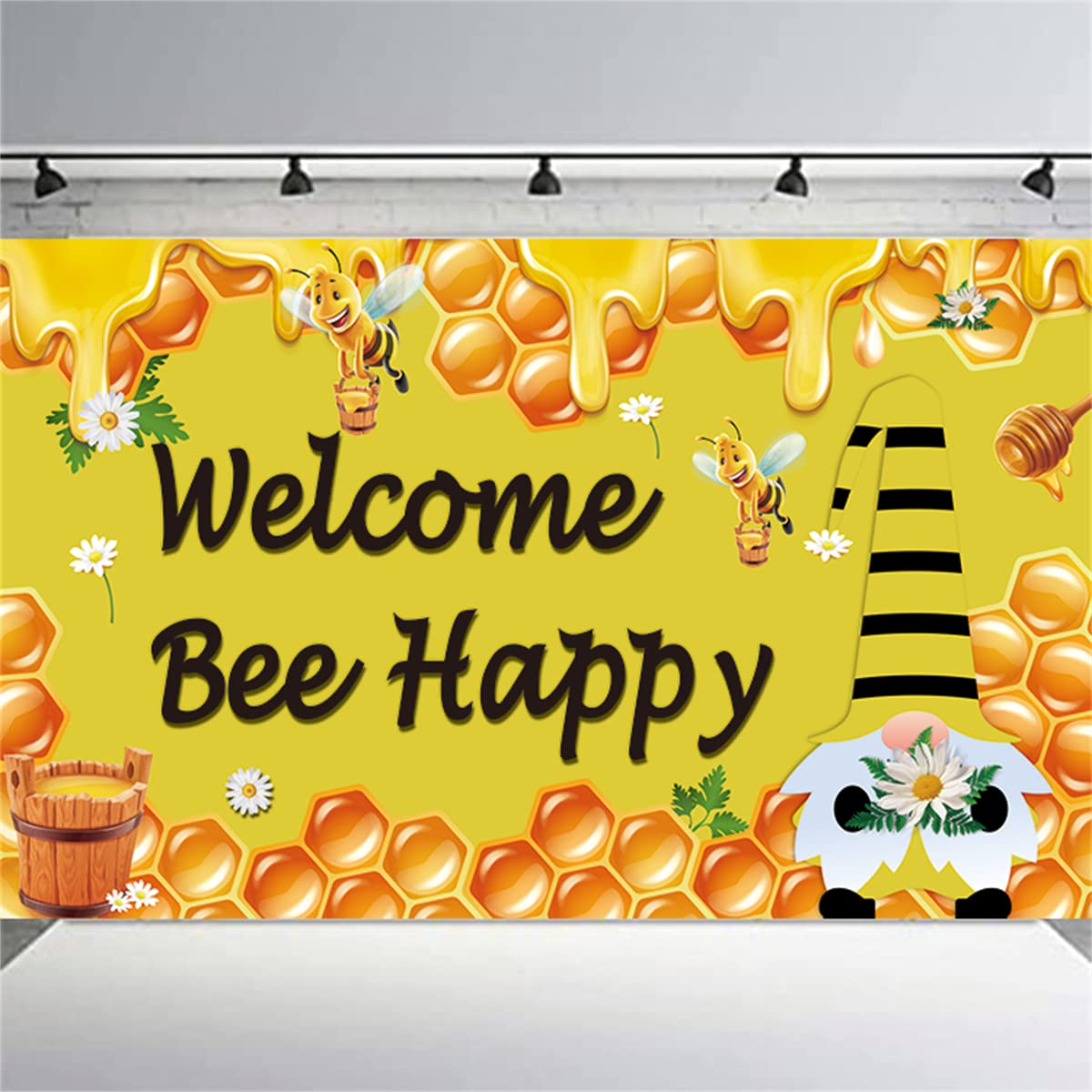 Kymy Welcome Bee Happy Backdrop Banner With 70.8X43.3Inch, Honey Bee Gnome Background For Photo Studio Props Seasonal Summer Far