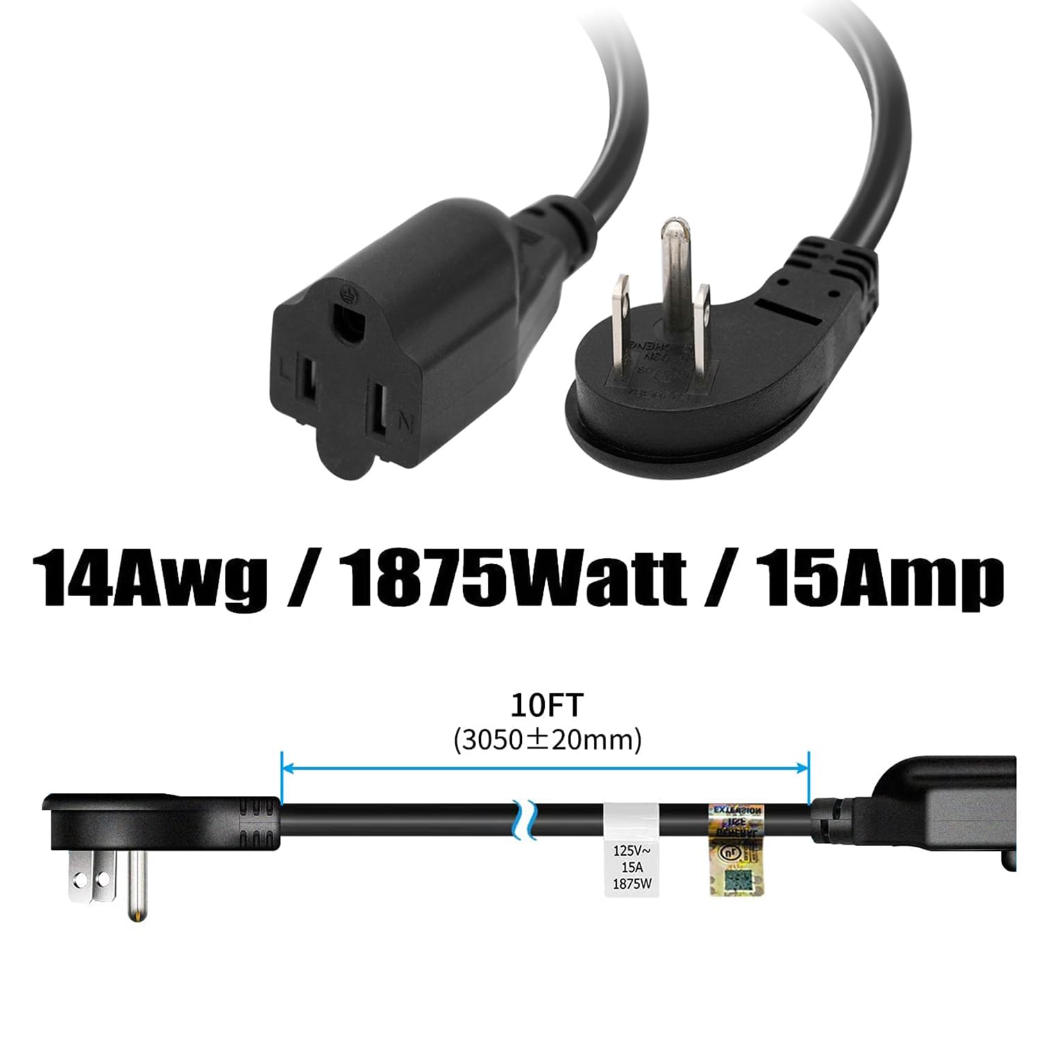 Firmerst 14 Gauge Heavy Duty 1875W Flat Plug Extension Cord 10 Ft, Pack Of 2