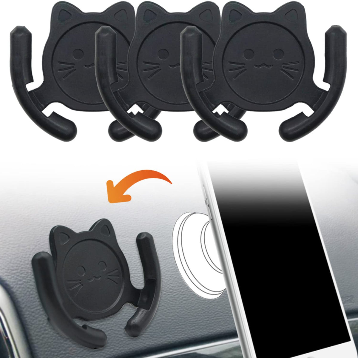 Homefox Multi Surface Holder Car Mount 3 Pack Compatible For Popsocket Grip Holder For Pop Socket Mount Device Support Accessory Home Office Desk Wall Mount Cute Cat Strong Adhesive Sticky Pad (Black)