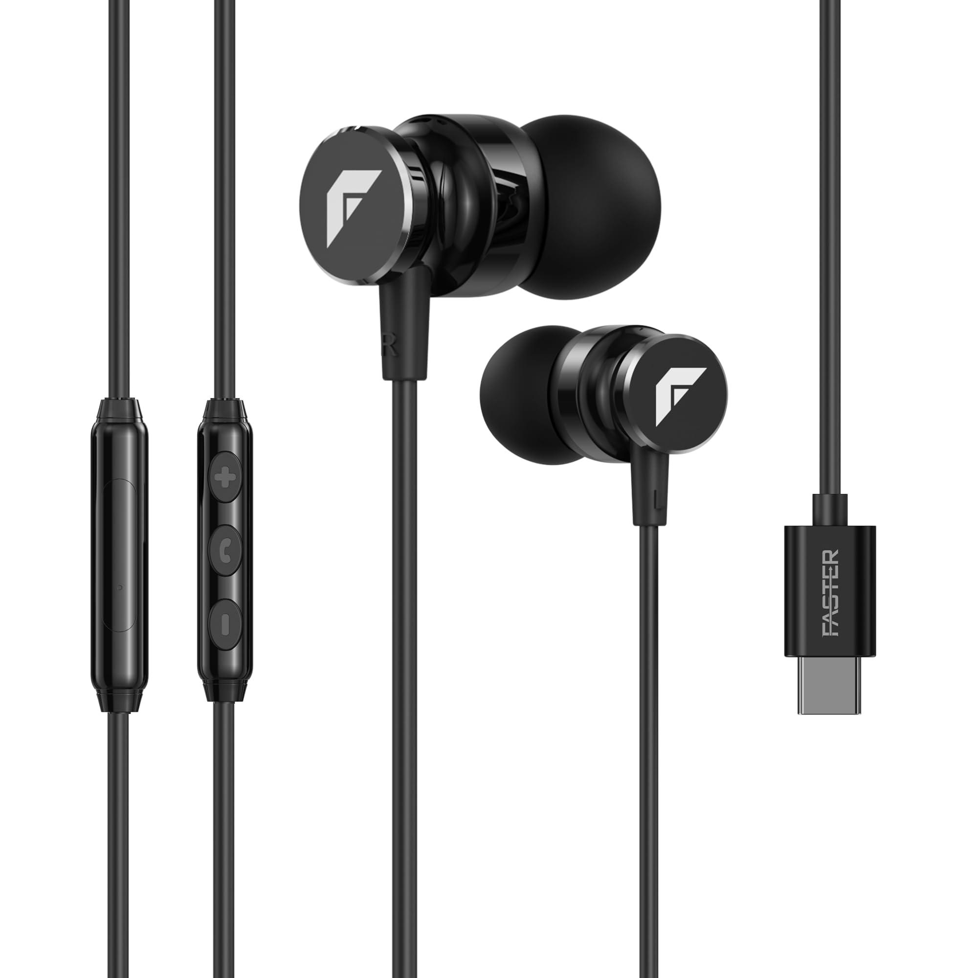 FASTER SH2C Raven USBC Wired Earbuds with Mic, inEar, 3.9ft Cable
