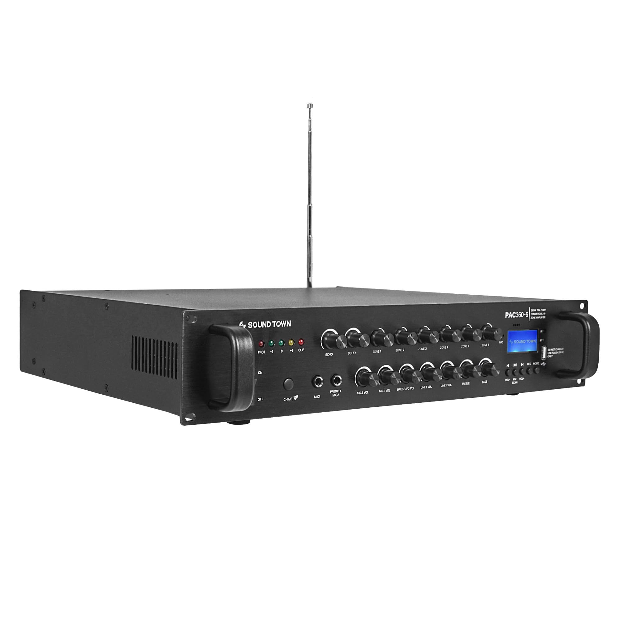 Sound Town 360W 6 Zone 70V/100V Commercial Power Amplifier With Bluetooth, Aluminum, For Restaurants, Lounges, Bars, Pubs, Schools And Warehouses (Pac360 6)