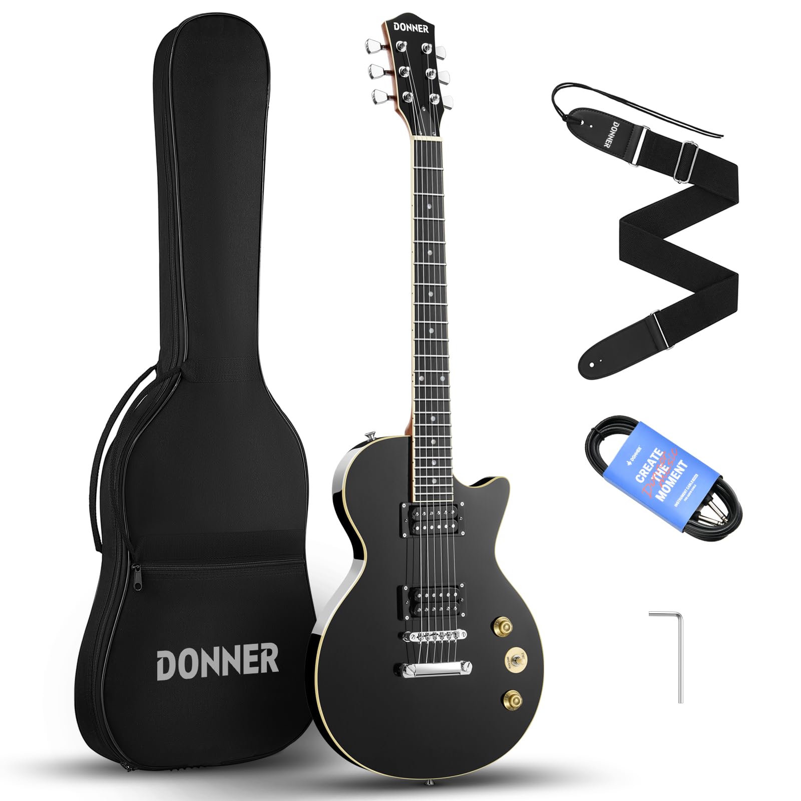 Donner Electric Guitar Lp Solid Body, Full Size 39 Inch Electric Guitar Beginner Kit Black With Bag, Cable, Strap, Dlp 124B