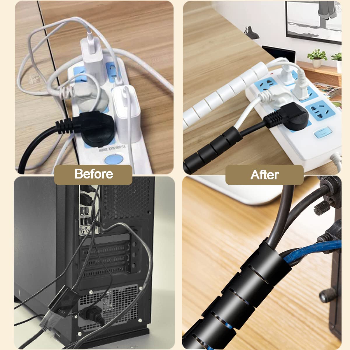Fanoshon Pc Cable Management Sleeve Tube Desk Cord Organizer 2 Pcs Black, 7/8 Inch  5 Ft Cover Wrap Easy To Install Messy Wire S