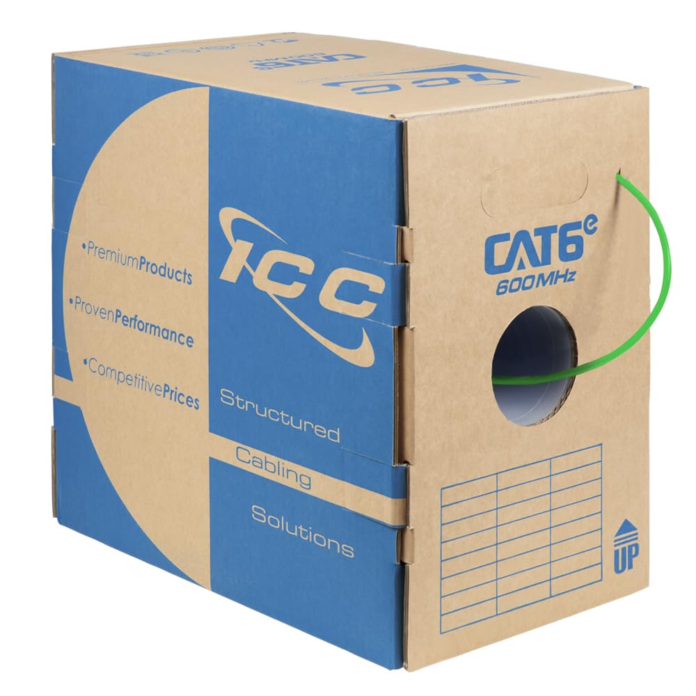 ICC Cat6e CMR Riser 1000ft   UTP 23AWG, 100% Solid Pure Copper, Unshielded, Bulk Ethernet Cable, PoE++, 600MHz, Reelex Pull Box, UL Certified, RoHS, TAA and NEC Compliant, Green