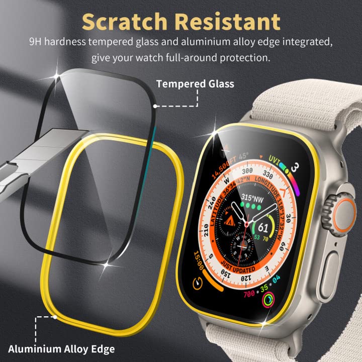Ewuonu 2 Pack Screen Protector For Apple Watch Ultra 49Mm, Tempered Glass Screen Protector(Aluminium Alloy Edge) Anti Scratch Bubble Free Film For Iwatch Ultra 49Mm Accessories(Yellow/Titanium)