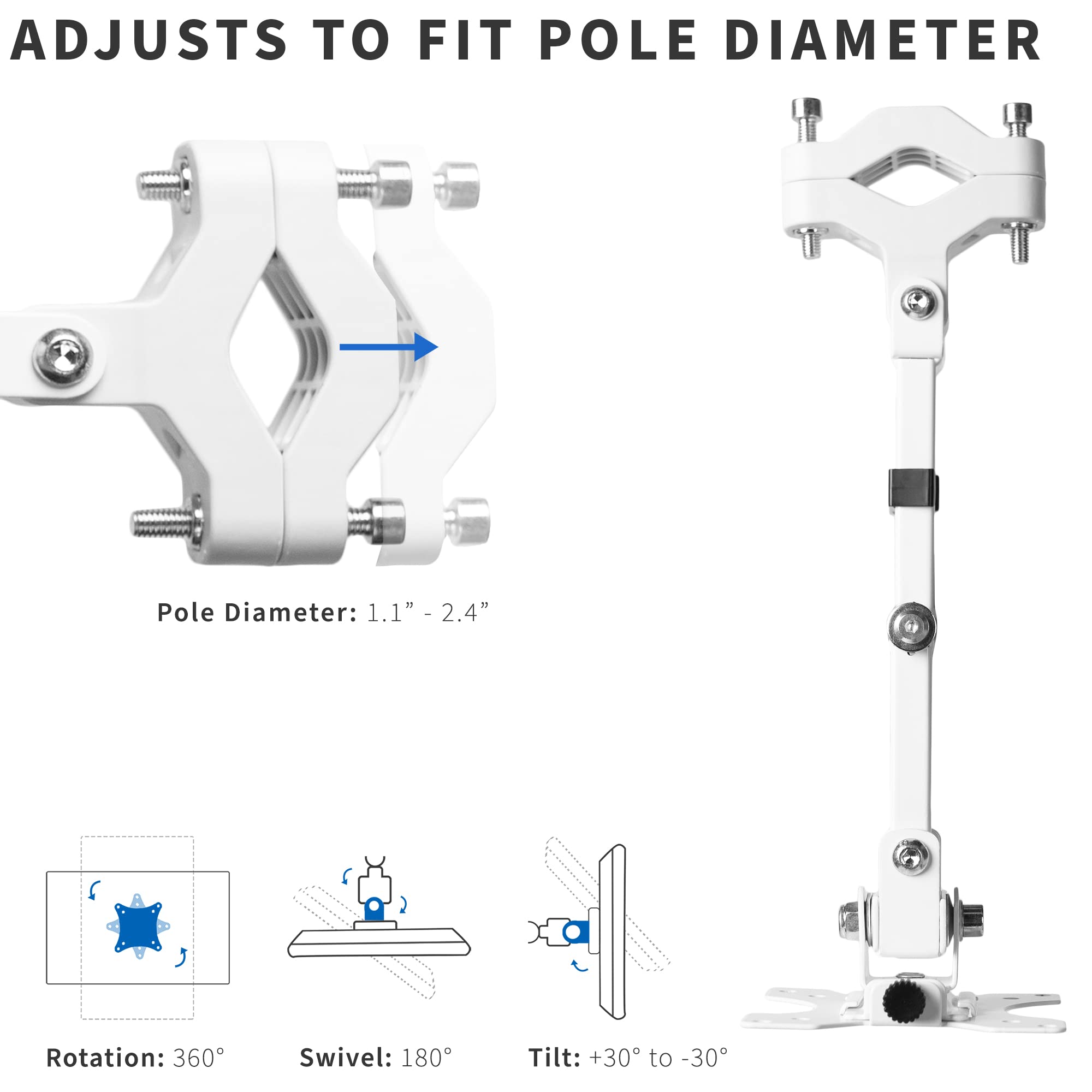 VIVO Steel Universal Full Motion Pole Mount Monitor Arm with Removable 75mm and 100mm VESA Plate, Fits 17 to 32 inch Screens, White, MOUNT POLE01AW