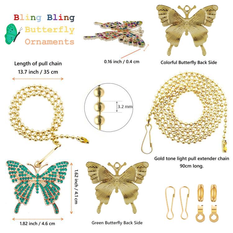 Wayilea Light Pull Chain Extender, Ceiling Fan Pull String Extension Cord, Decorative Crystal Rhinestone Butterfly Ornaments For