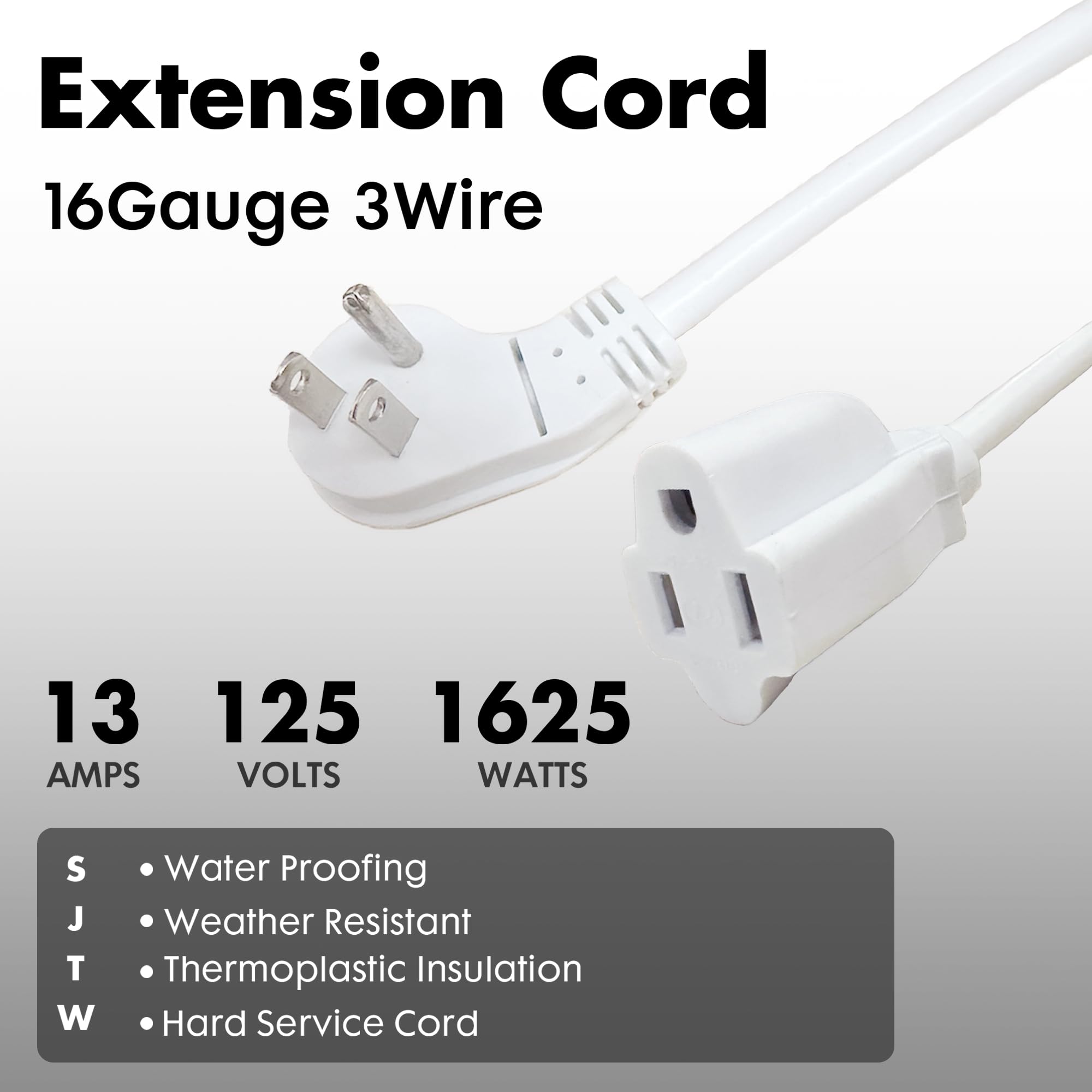 Palarlne Indoor Flat Plug White Extension Cord 10Ft, Ul Listed, 16/3 Sjtw 3 Prong Heavy Duty, 16 Gauge 13A Power Cord For Lights