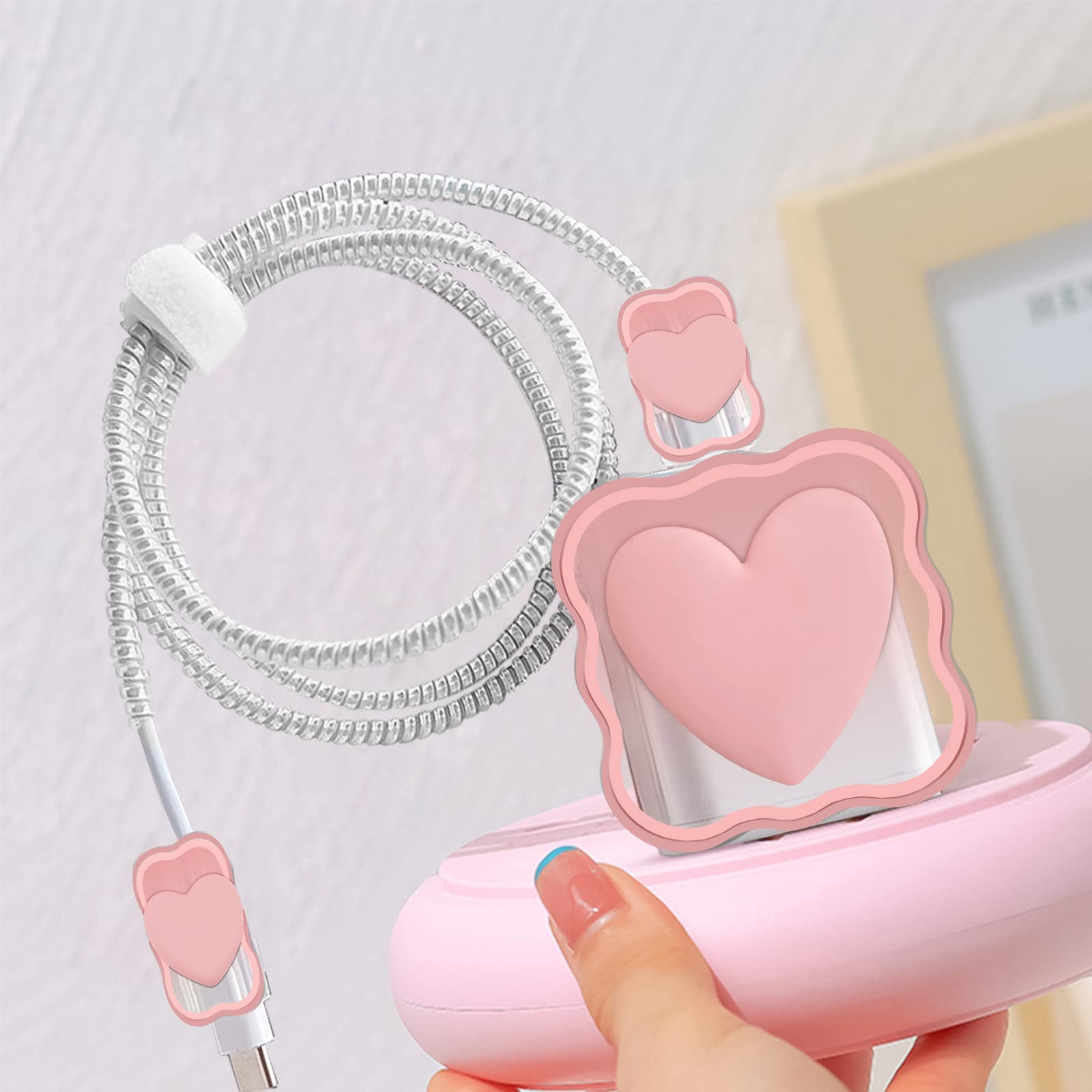 Phone Charger Storage Case Set With Pink Hearts Carrying Case Bag With Cute 3D Love Cable Protector Set, Travel Cable Organizer,