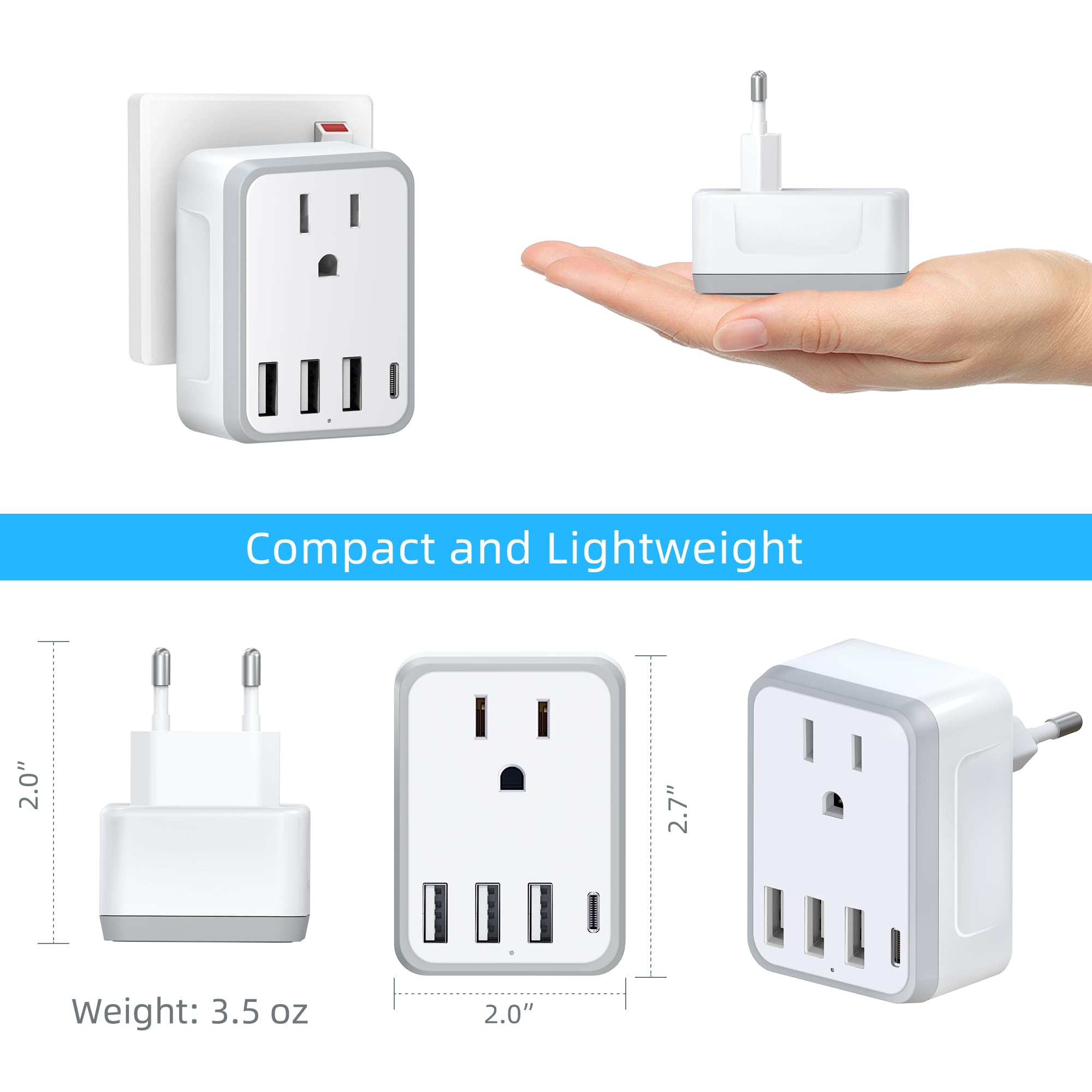 Yinleader European Travel Plug Adapter Usb C International Plug Adapter With Ac Outlet And 3 Usb Ports, Type C Power Adaptor Cha