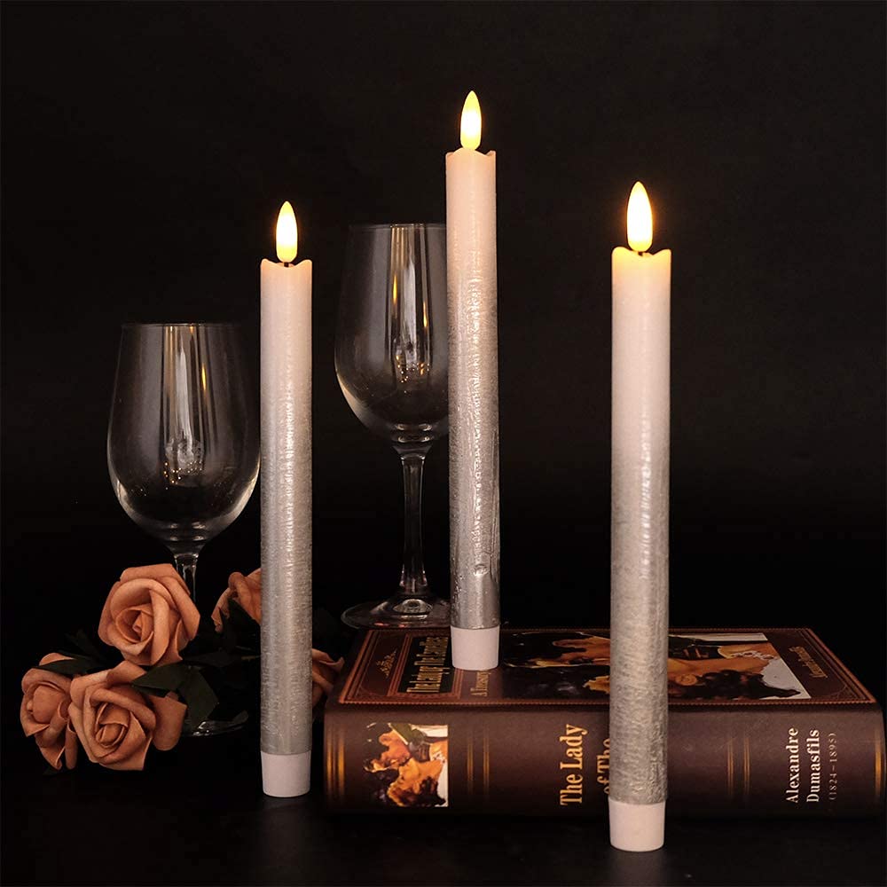 Wondise Flickering Flameless Taper Candles With Remote And Timer, 9 Inch Battery Operated Silver Real Wax 3D Flame Window Candle
