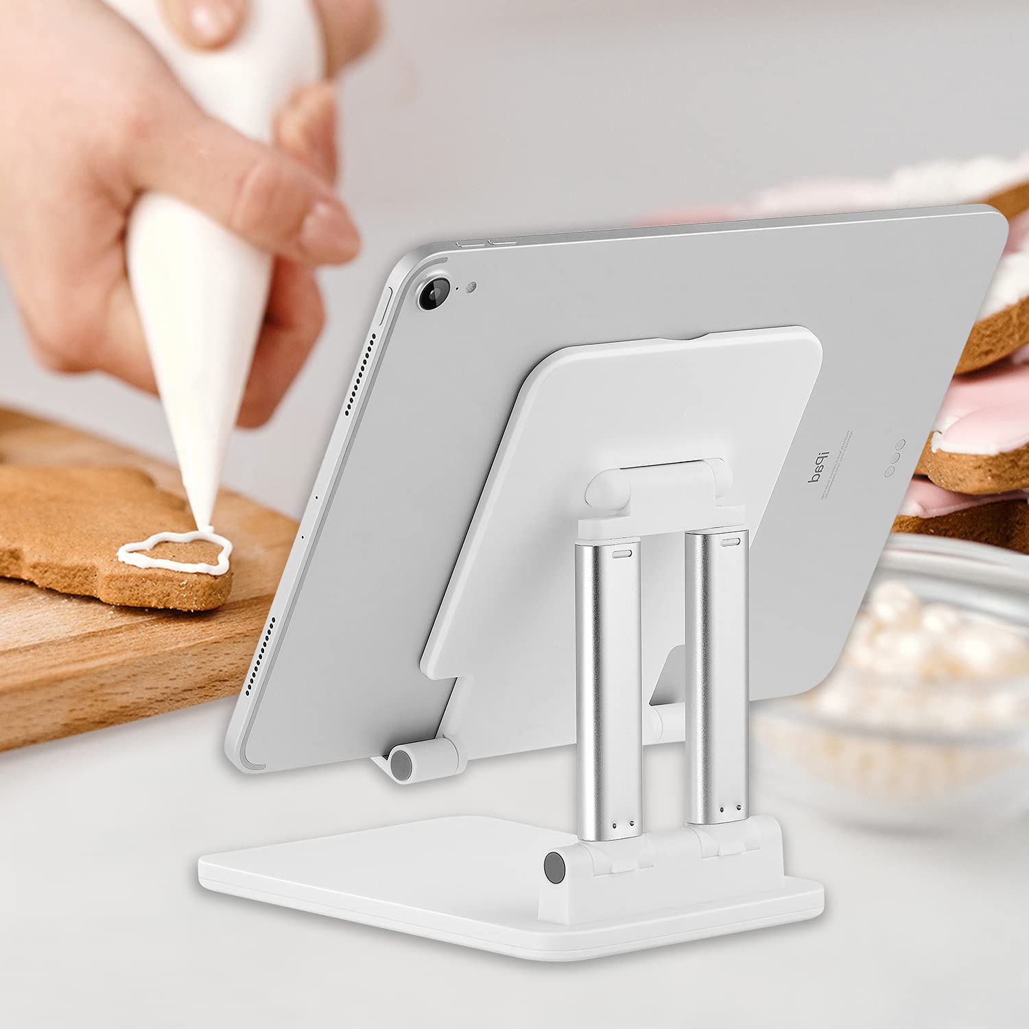 Pepper Jobs Tablet Stand, Portable Monitor Stand 6.69 * 4.72'' Wide, Dual Tube Foldable & Adjustable, Ipad Stand Compatible With