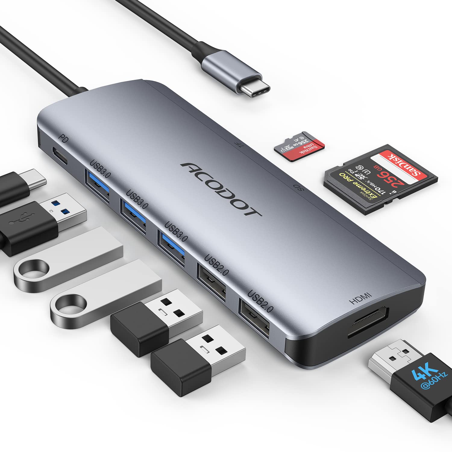 Usb C Hub, Acodot 9 In 1 Usb C To 4K@60Hz Hdmi Multiport Adapter, 3 Usb 3.0 Ports, Sd/Tf Card Reader, 100W Pd, Desigend For Macb
