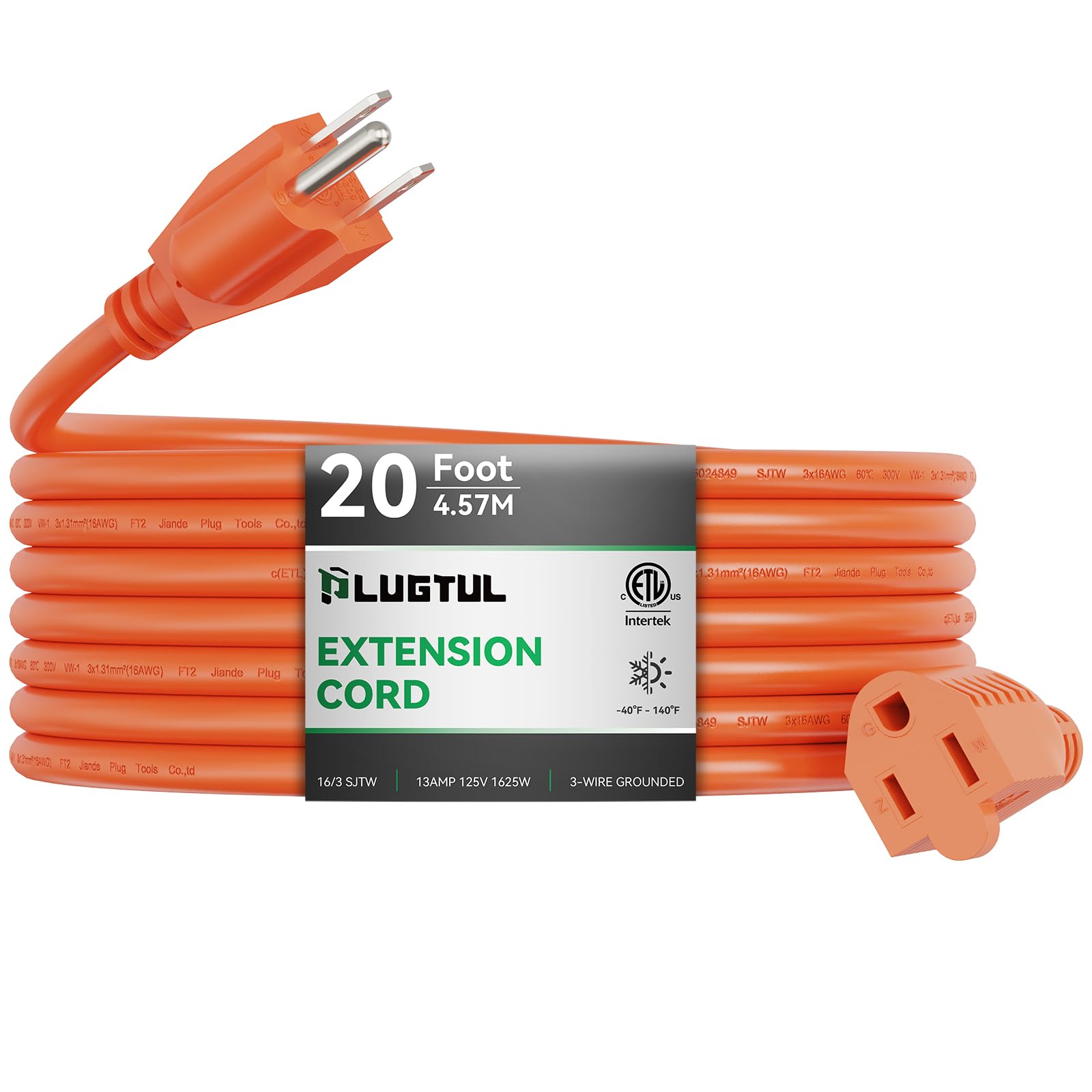 Outdoor Extension Cord 20 Ft Waterproof, 16/3 Gauge Heavy Duty 3 Prong Extension Cord, 13A 1625W Sjtw, Etl Listed, Great For Gar