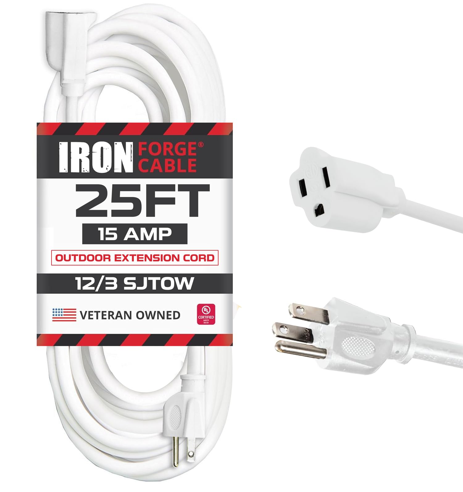 Iron Forge Cable 12 Gauge Extension Cord 25 Ft, Sjtow Water & Oil Resistant, 25 Foot Heavy Duty Extension Cord 3 Prong, White Ou