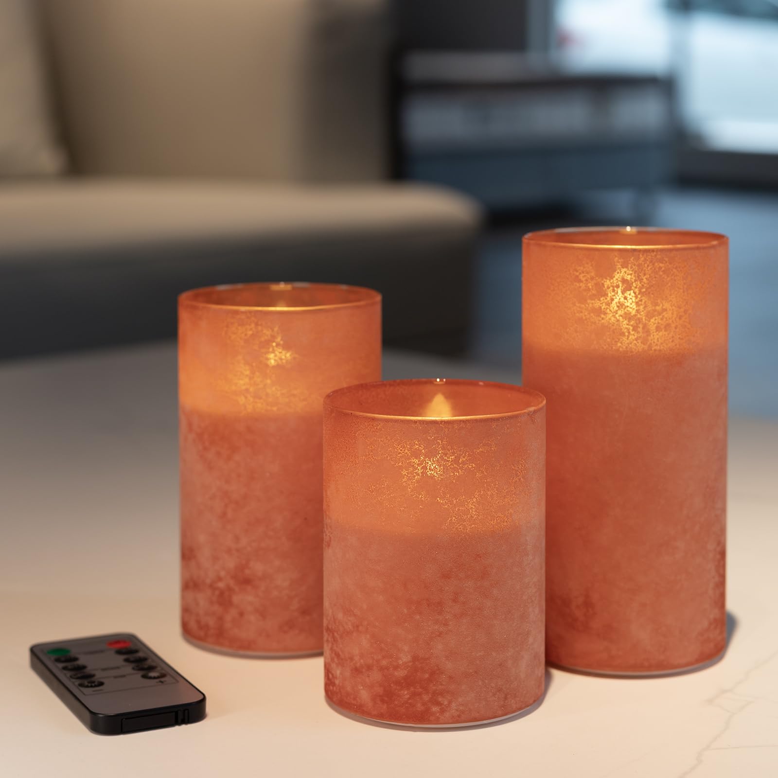 Hjandhj Orange Flameless Candles, Sandblast Glass Battery Operated Candles With 10-Key Remote And Timer,Set Of 3 Realistic Wax C