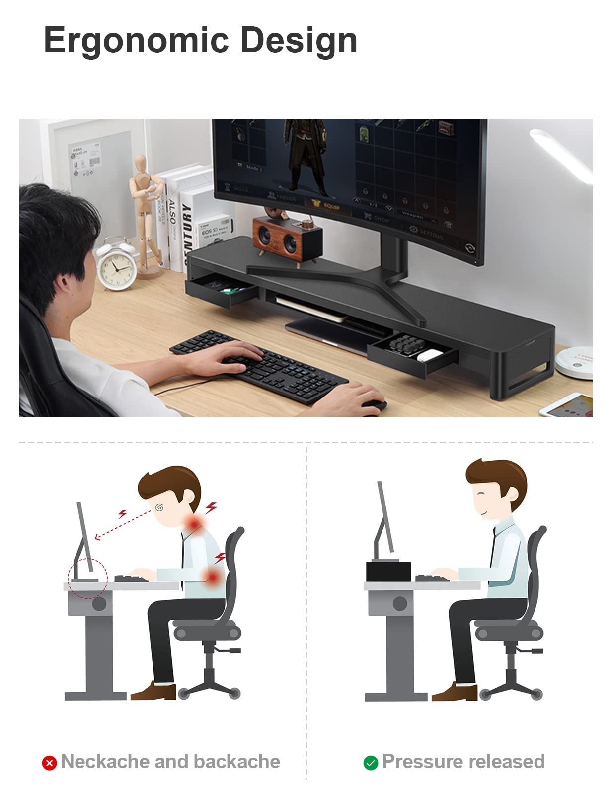 Meatanty Dual Monitor Stand Riser With 2 Storage Drawers And 4 Usb Ports, Metal Monitor Stand For 2 Monitors Supports Transfer D