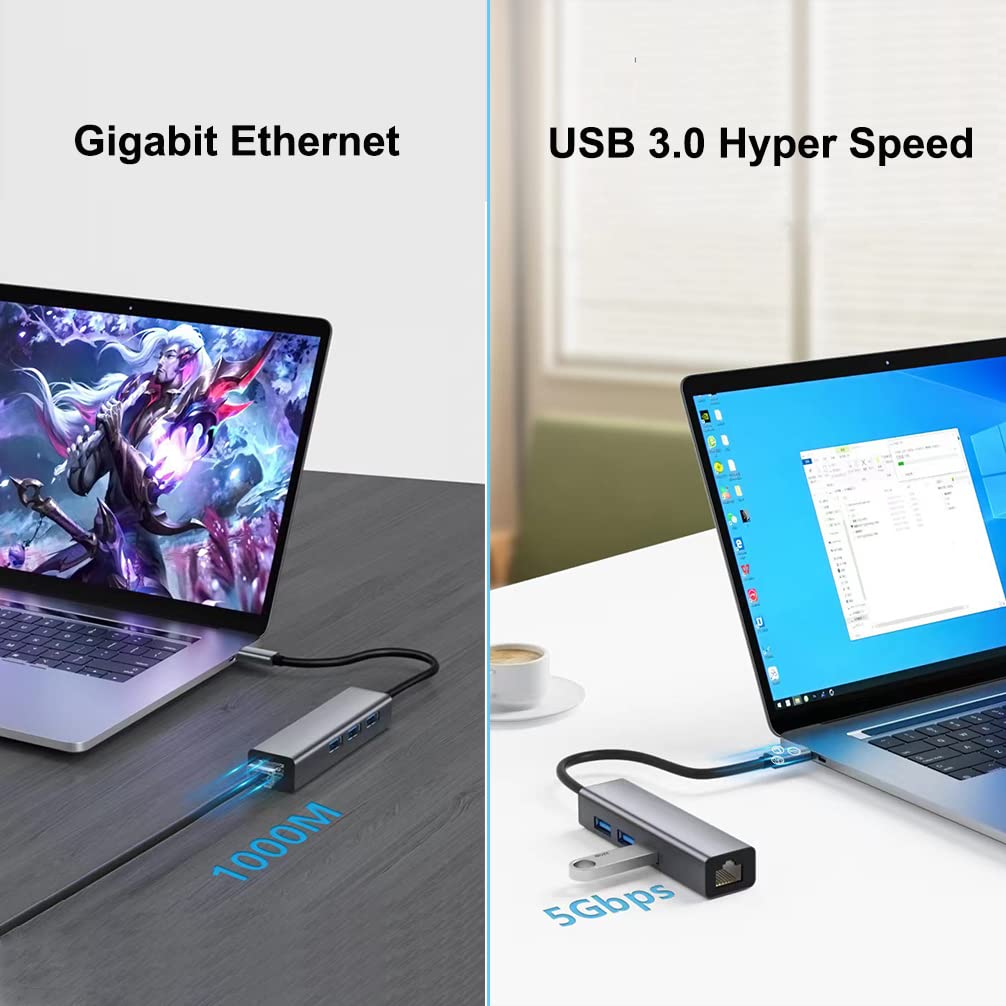 Dtech 3 Port Usb To Ethernet Adapter Usb 3.0 Hub 10/100/1000 Mbps Gigabit Wired Network Cable Converter For Laptop Notebook Desk