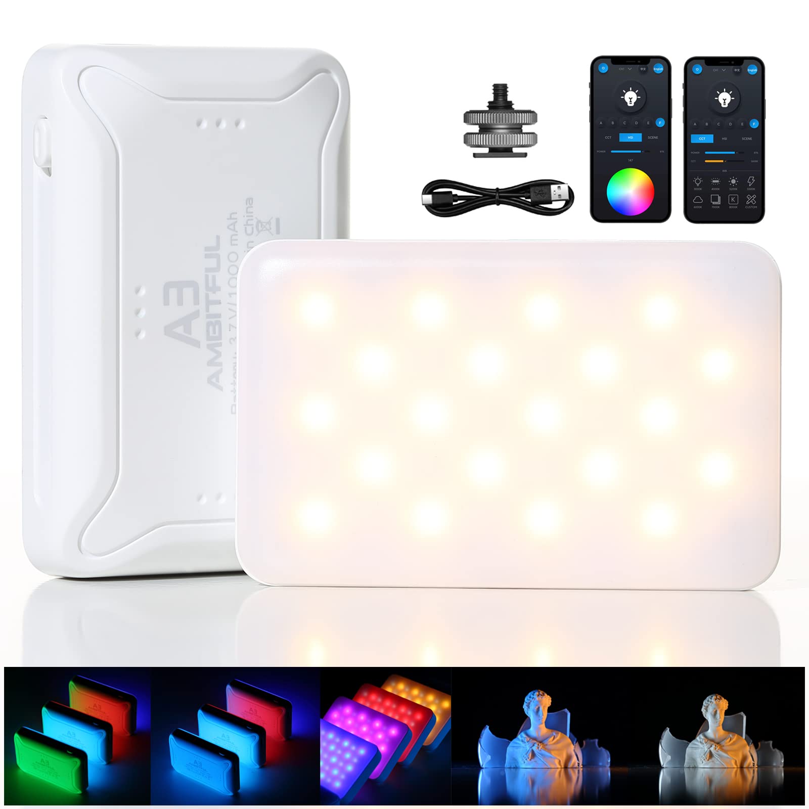 Ambitful A3 Full Color Rgb Led Mini Light, Built In Fx Effects,350Lx(0.5M,5500K) Ra/95 Tlci/97,2800 6800K Led Video Light Panel
