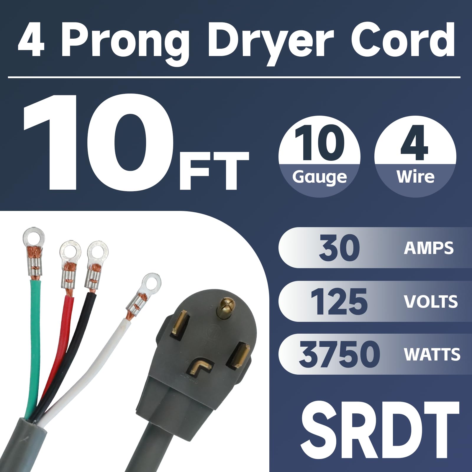 Ep 4 Prong Dryer Cord, 10 Ft 10/4 Srdt, 30Amp Appliance Extension Power Cord, Nema 14 30, Grey