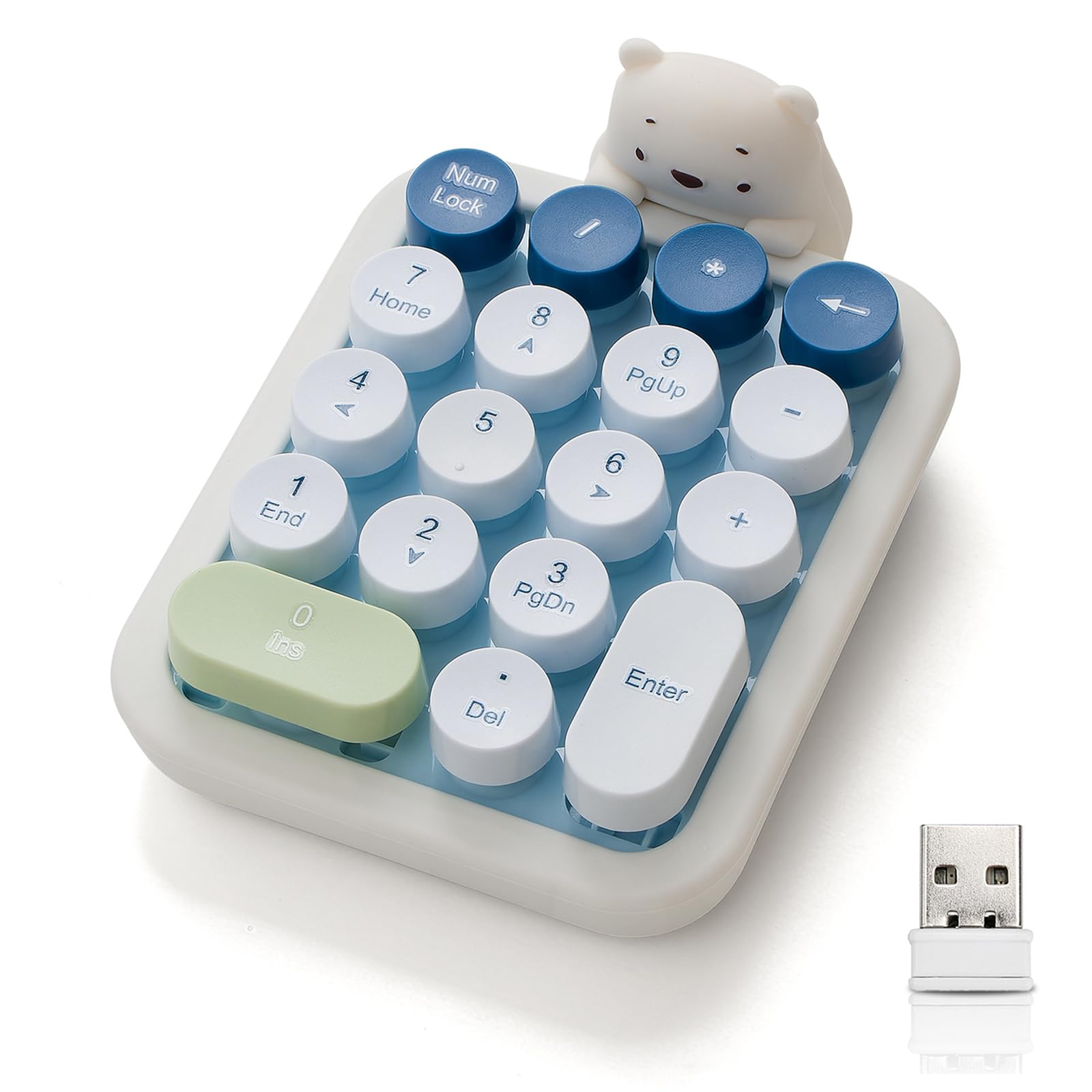 Lomiluskr Cute Wireless Numeric Keypad with Silicone Bear, Colorful Round Keycaps, 2.4G USB Wireless Connection, Portable Financ