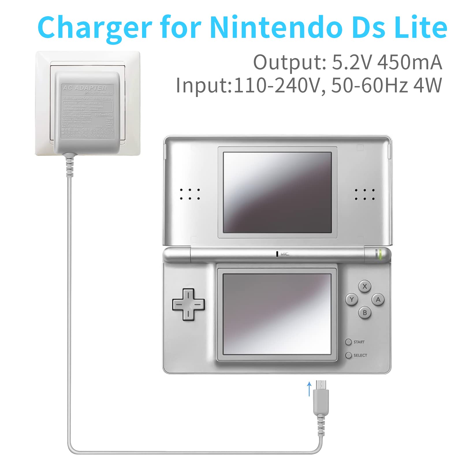 Ds Lite Charger, Flip Travel Charger Charger Power Supply Ac Adapter Wall Charger Power Cord 5.2V 450Ma For Nintendo Ds Lite (Gr