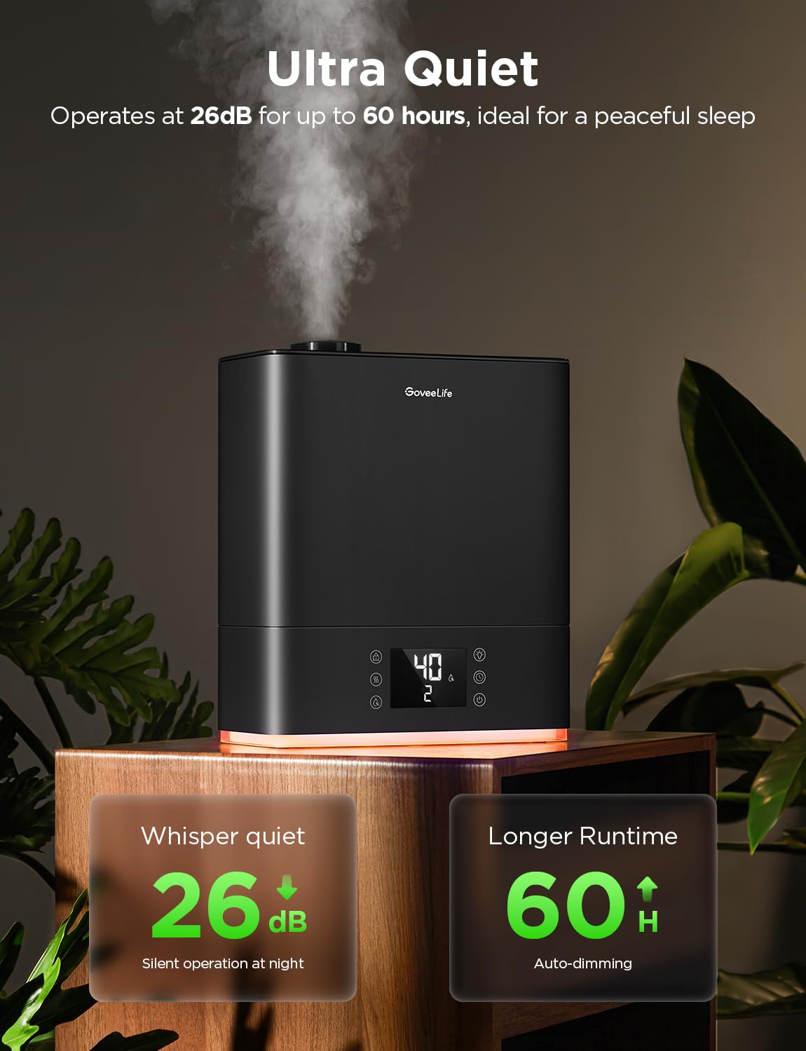 Goveelife Smart Humidifier For Bedroom Large Room, Top Fill Cool Mist 6L Humidifier, Auto Mode, App & Voice Control, 60H Runtime