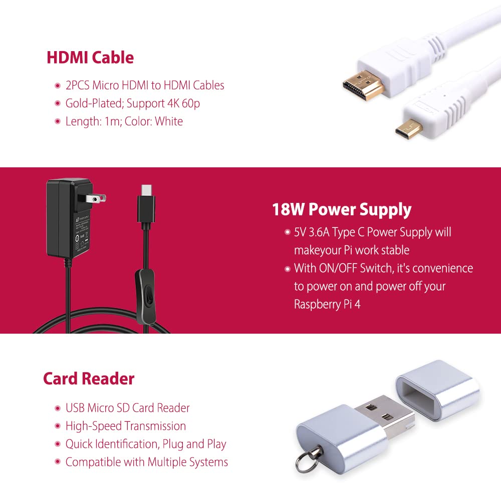 Geeekpi Starter Kit For Raspberry Pi 4 8Gb   128Gb Edition, Case With Pwm Fan, 18W 5V 3.6A Power Supply With On/Off Switch, Hdmi