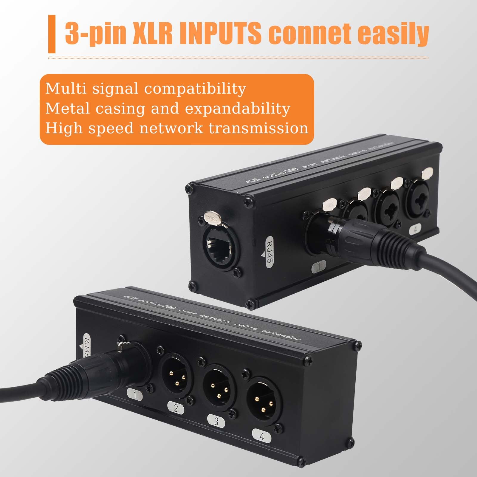 Jindaaudio 4-Channel Dmx Xlr To Ethernet Extender, 3-Pin Xlr Male/Female & Ethercon Adapter, Cat5/Cat6/Cat7 Network Cable Conver