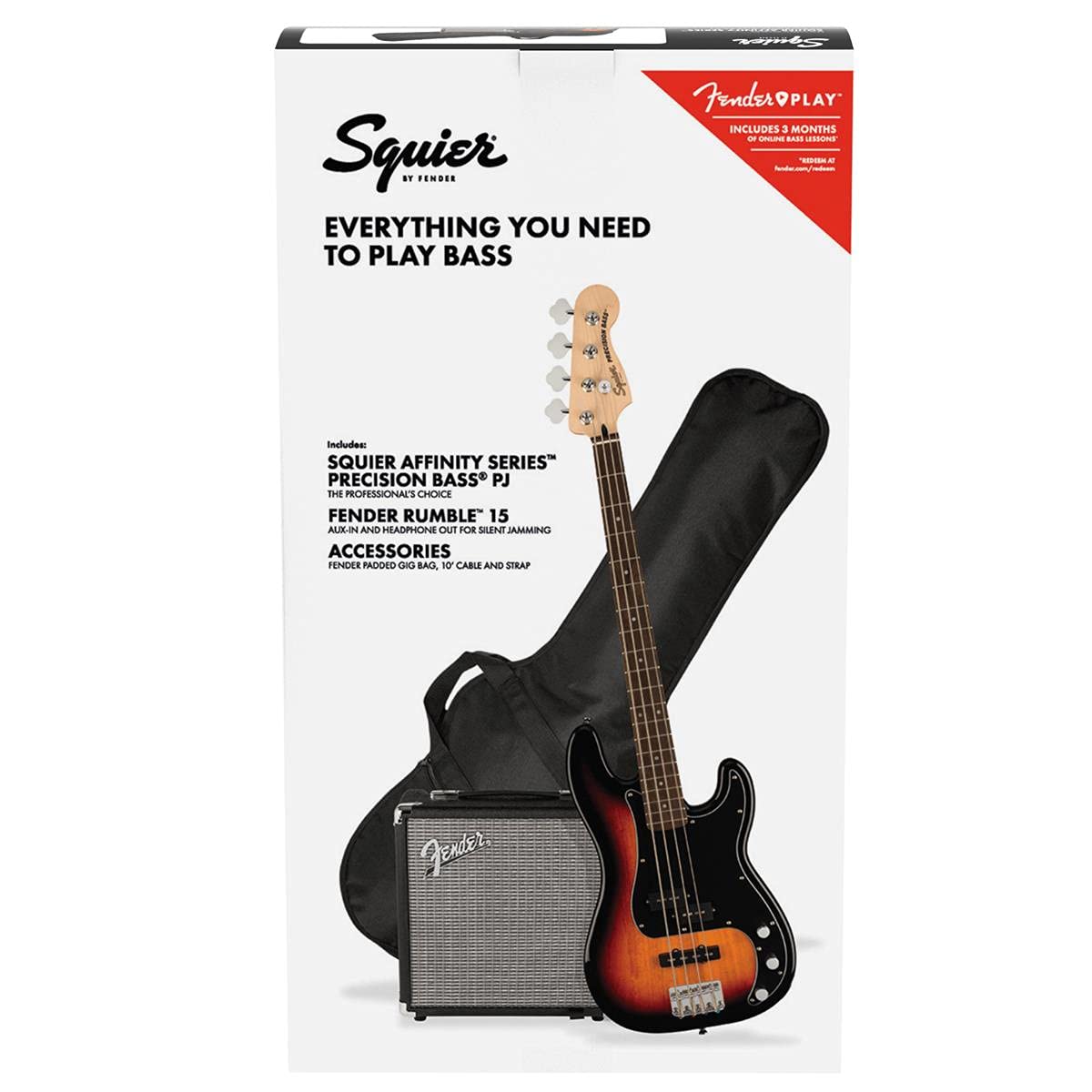 Squier By Fender Precision Bass Guitar Kit, Affinity Series, Laurel Fingerboard, 3-Color Sunburst, Poplar Body, With Guitar Bag