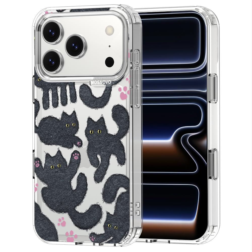 MOSNOVO for iPhone 17 Pro Case | Military Grade 6.6ft Drop Tested | Camera Control | Clear with Black Fluffy Cat Design