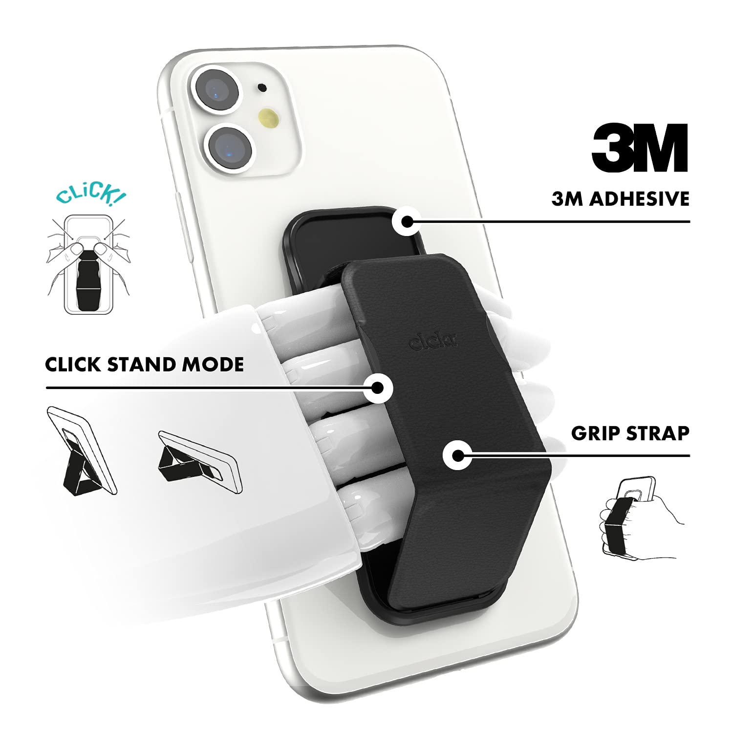 Clckr Cell Phone Grip And Expanding Stand, Universal Phone Grip Holder With Multiple Viewing Angles For Iphone 14/13/12, Samsung