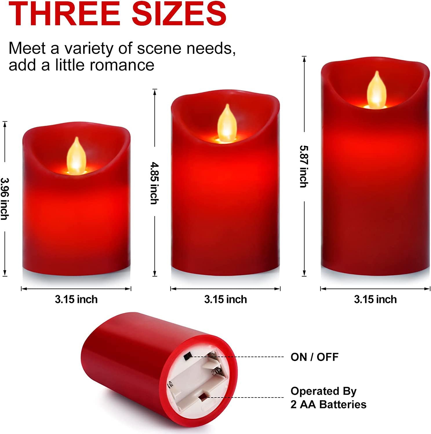 Flameless Battery Operated Flickering Candles:3Pack Red Real Wax Pillar Candle,Electric Led Candle With 10 Key Remote Control An