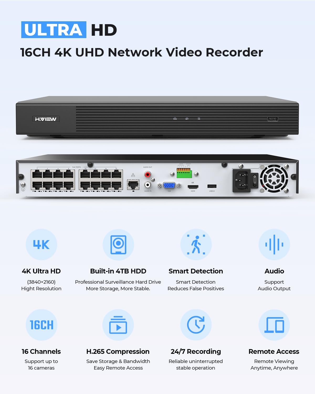 H.View 4K 16 Channel Security Camera System 16Pcs Cctv Camera Kit Poe 8Mp Indoor Outdoor Dome Wired Surveillance Video With Audi