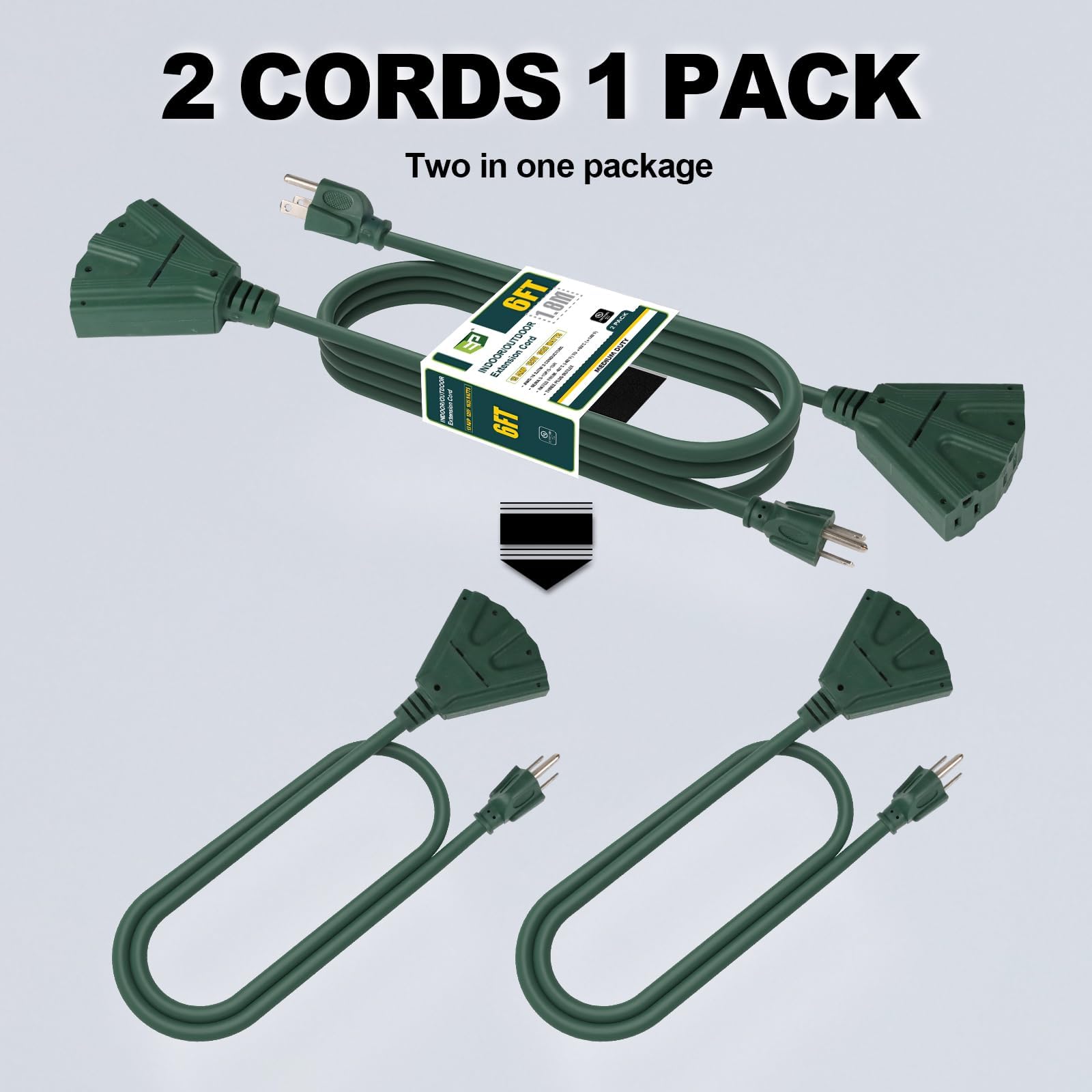 Ep 2 Pack 6 Ft Outdoor Extension Cord With 3 Electrical Power Outlets   16/3 Sjtw Green Cable With 3 Prong Grounded Plug For Saf