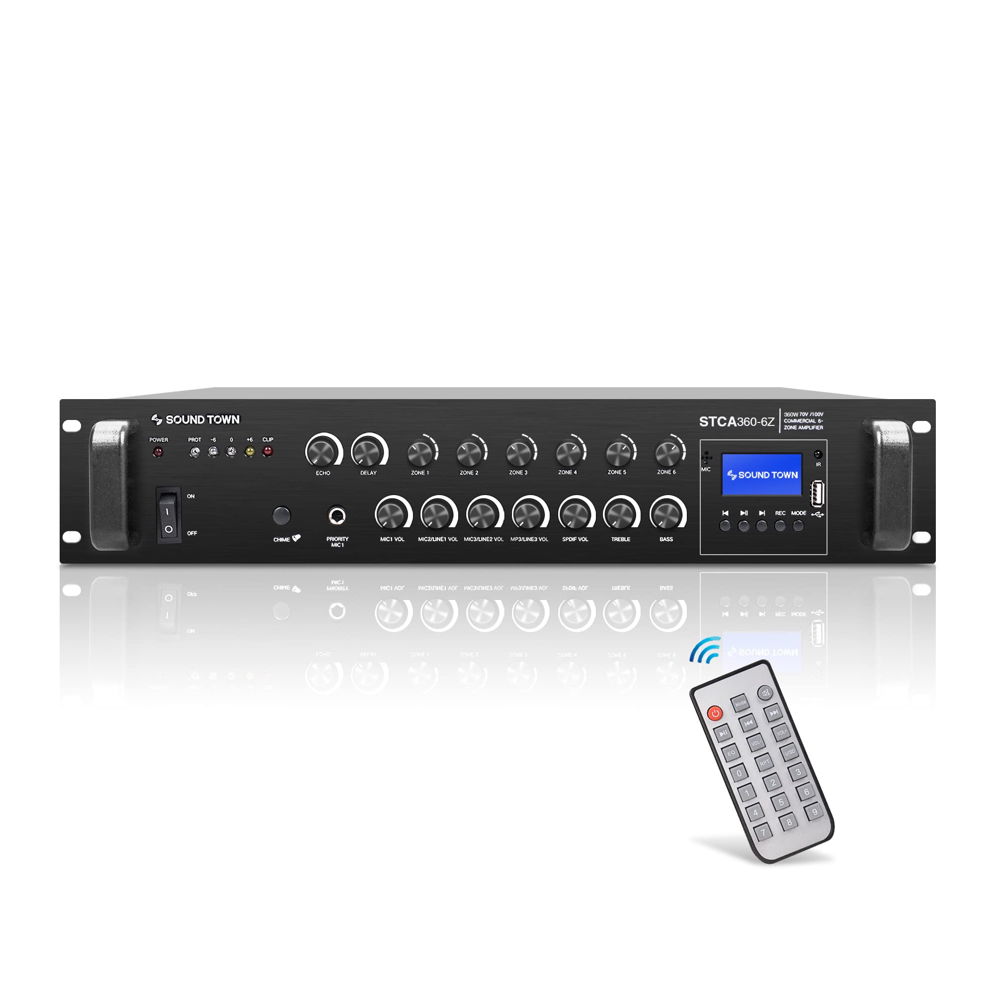 Sound Town 360W 6 Zone 70V/100V Commercial Power Amplifier With Bluetooth, Optical, Phantom Power, For Restaurants, Lounges, Bars, Pubs, Schools (Stca360 6Z)