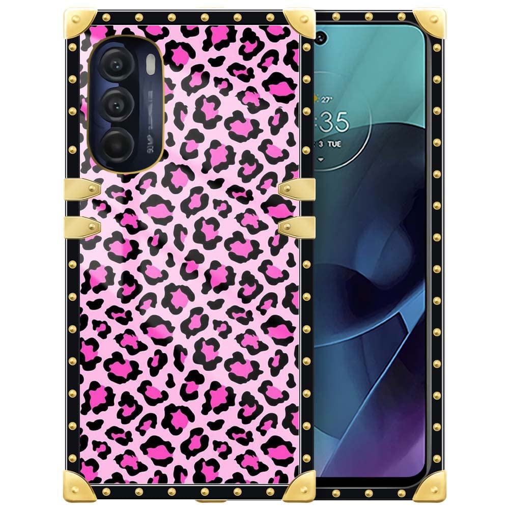 Daizag For Motorola Moto G Stylus 2022 5G Case,Pink Leopard Moto G Stylus 2022 5G Square Gold Decoration Soft Slim Protective Ca