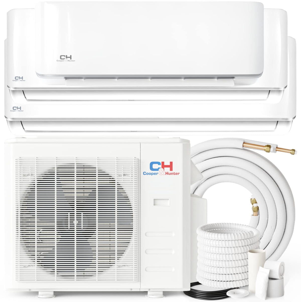 Cooper  Hunter Tri 3 Zone 12000 12000 12000 Btu Multi Zone Ductless Mini Split Air Conditioner And Heater Full Set With 25Ft Ins