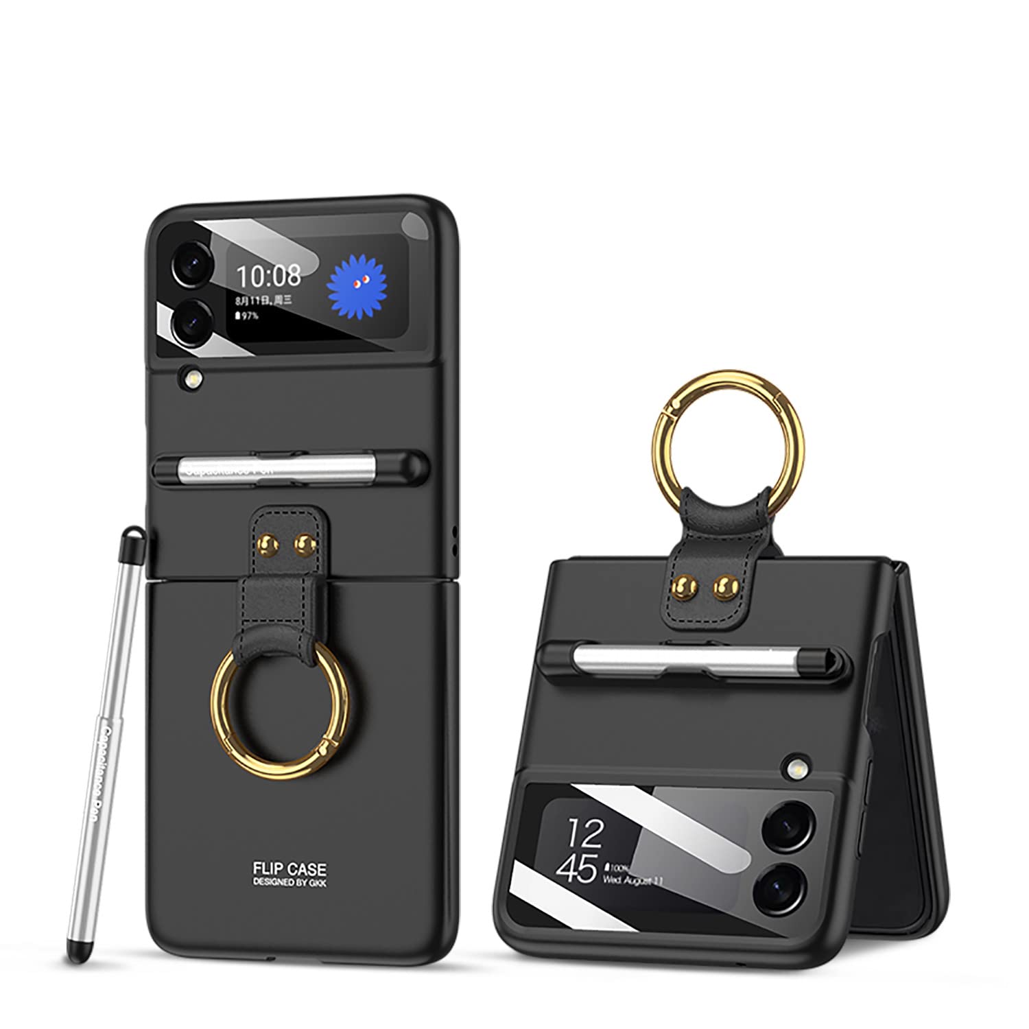 Liulanz For Samsung Galaxy Z Flip 3 Case With Pen And Ring,Ultra Thin Matte Leather Anti Drop Phone Cover With Camera Screen Pro