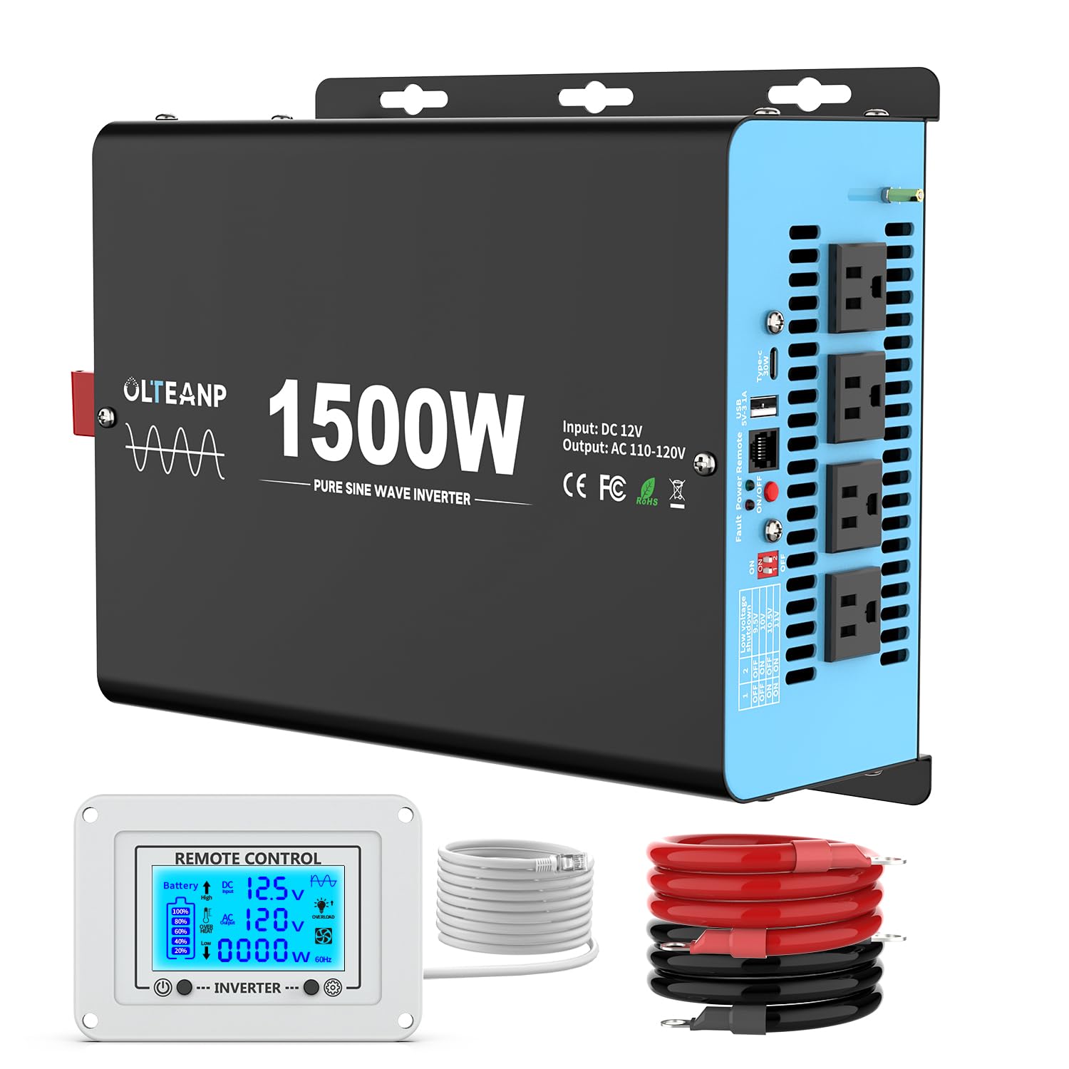 OLTEANP New Upgraded 1500 Watts Pure Sine Wave Inverter, 12V DC to 110V AC Power Inverter with 4 AC Outlets, USB Port, Type-C Po