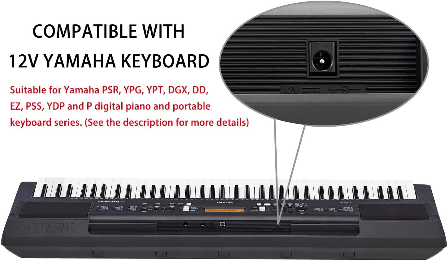 10Ft Long Power Supply Adapter Cord For Yamaha Psr, Ypg, Ypt, Dgx, Dd, Ez And P Digital Piano And Portable Keyboard Charger, 12V