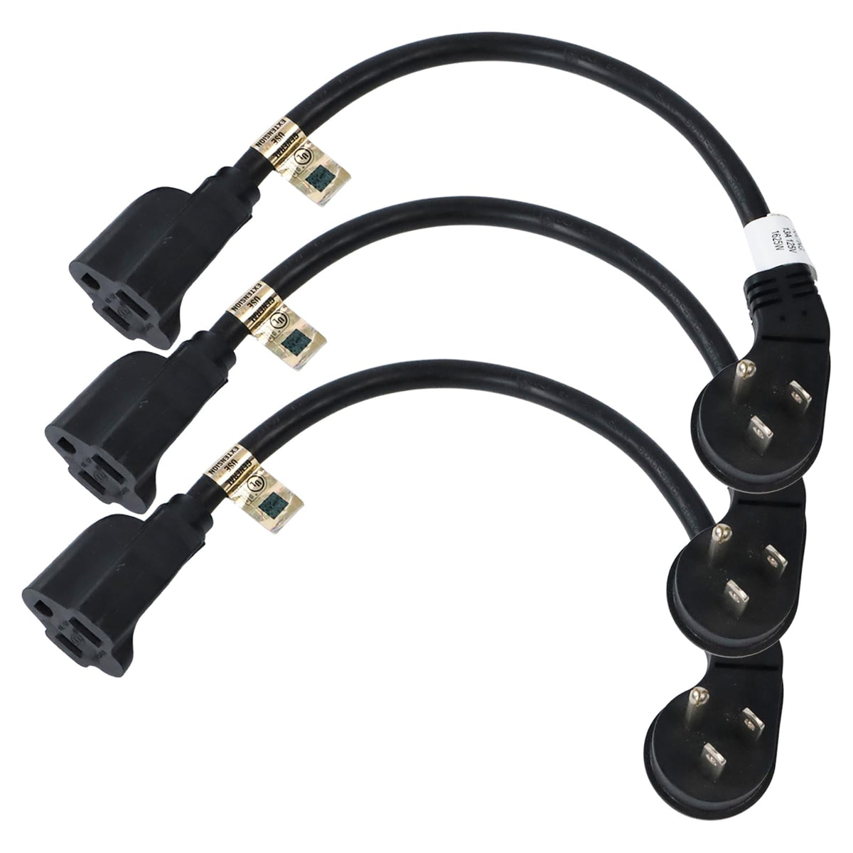 Ep 3 Pack 1 Ft Flat Plug Extension Cord, 16 Awg 3 Prong Grounded Black Low Profile Extension Cable For Indoor