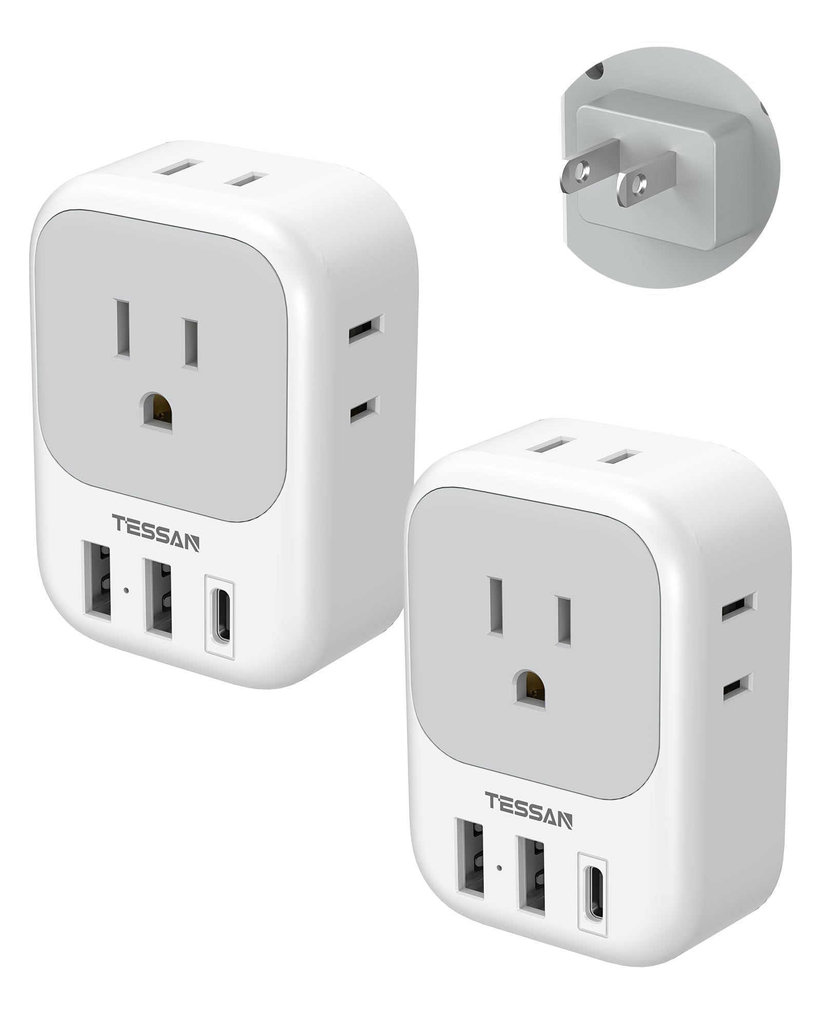 Us To Japan Plug Adapter 2 Pack, Tessan 2 Prong To 3 Prong Outlet Adapter With 4 Outlets 3 Usb (1 Usb C), Outlet Adaptor Us To J