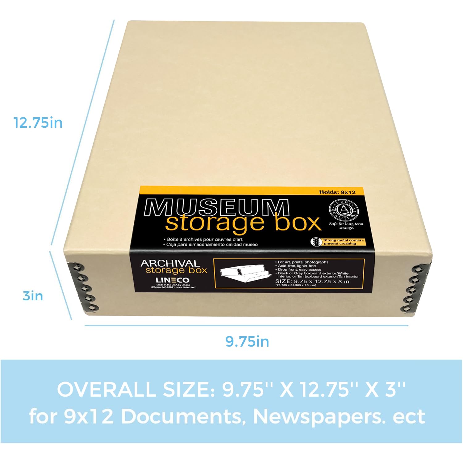 Lineco Museum Archival Storage Box, 9.75X12.75X3 In. Drop Front Design. Acid Free With Metal Edge. Organize Photos, Pictures, Prints, Documents, Crafts, Diy. Tan, 1 Pack