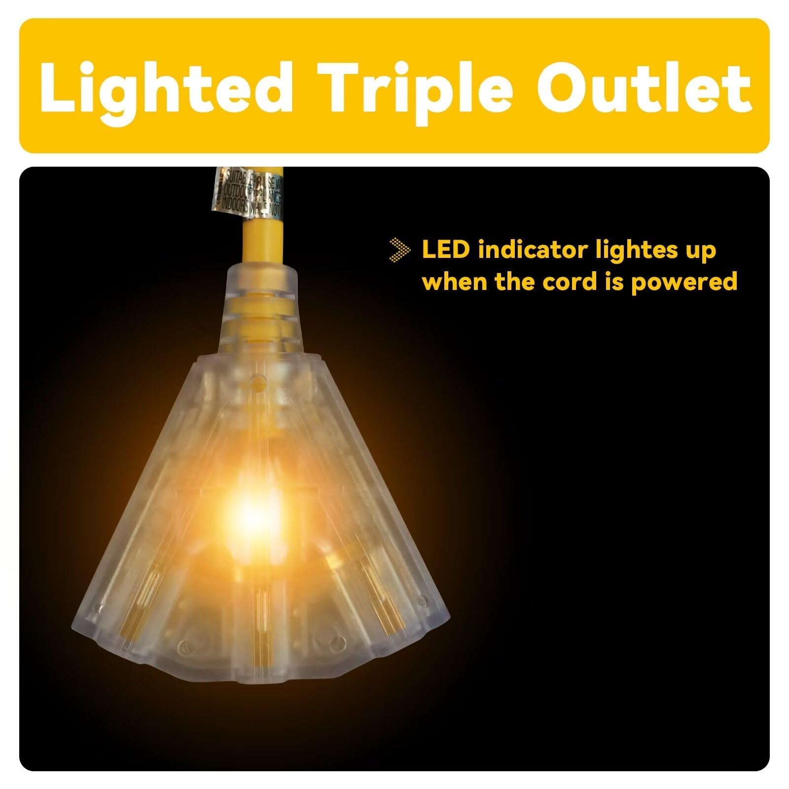 Ep 2 Pack 50 Ft 12 Gauge Heavy Duty Extension Cord, 15A 125V 1875W, 3 Outlet Indoor/Outdoor Power Cord With Lighted End, 12/3 Sj