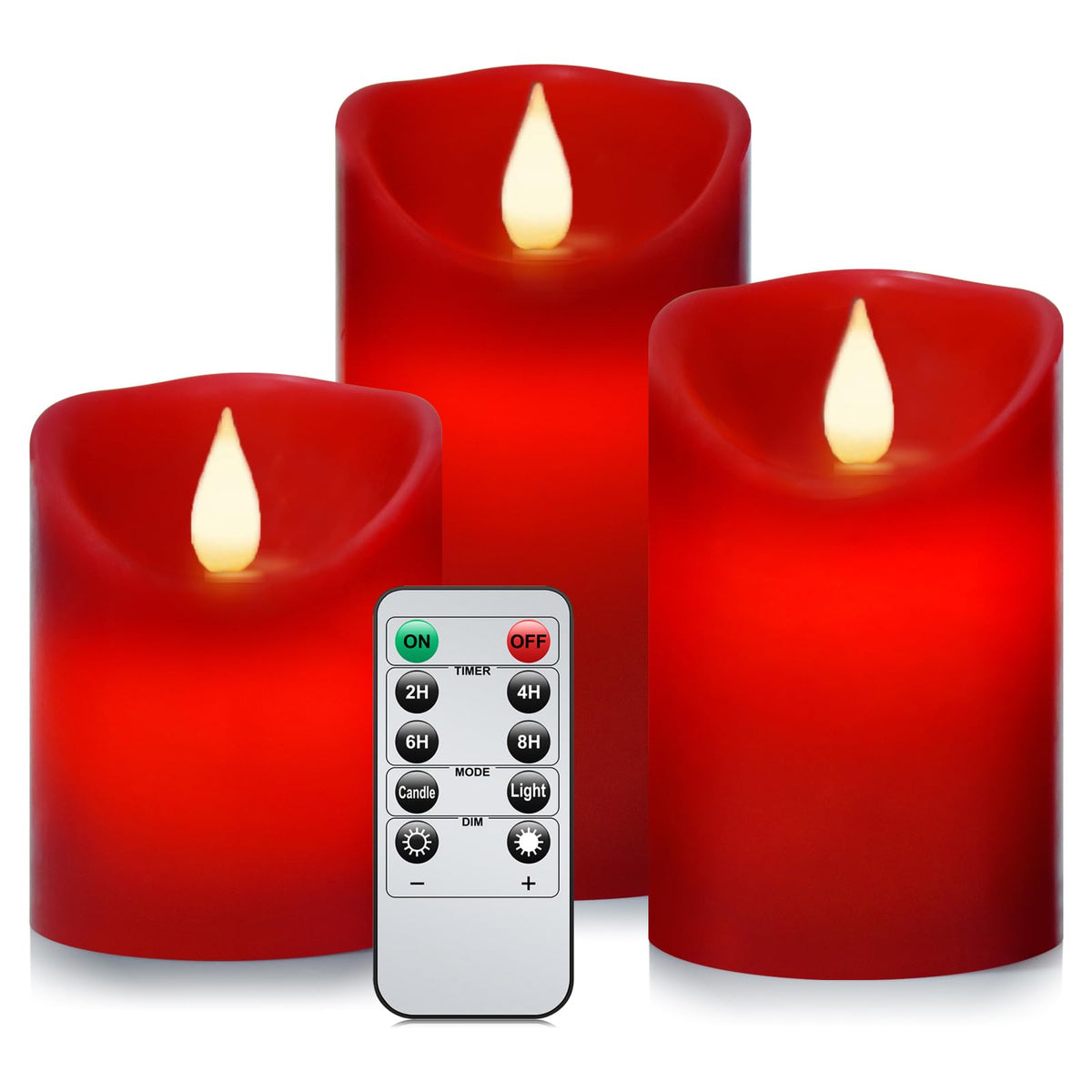 Roomsily Flameless Battery Operated Flickering Candles:3Pack Red Real Wax Pillar Candle,Electric Led Candle With 10-Key Remote C