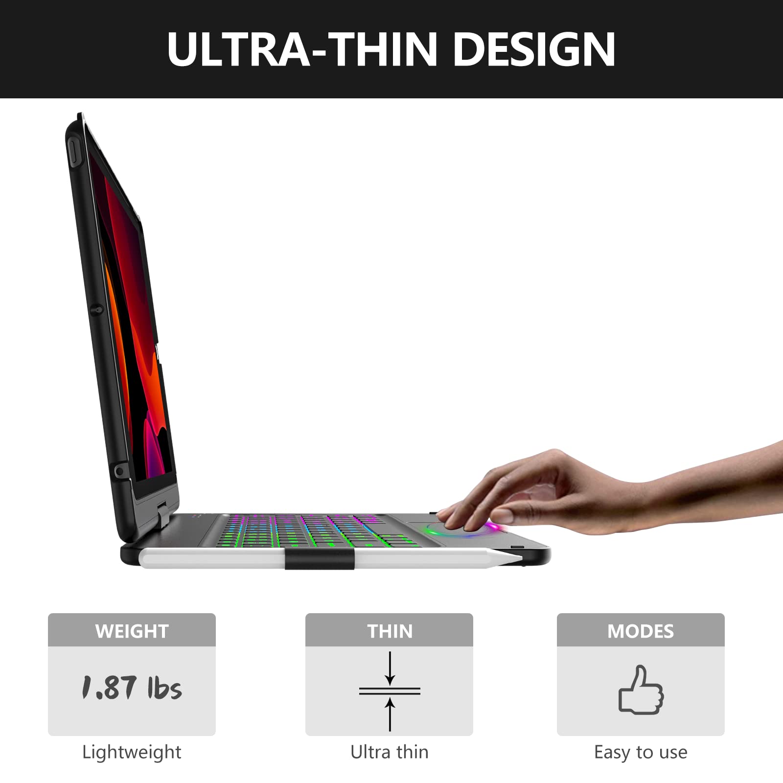 Amzcase For Ipad 9Th/8Th/7Th Generation Case With Keyboard And Pen Holder,Colorful Backlight,360Rotatable Slim Cover,10.2 Inch O