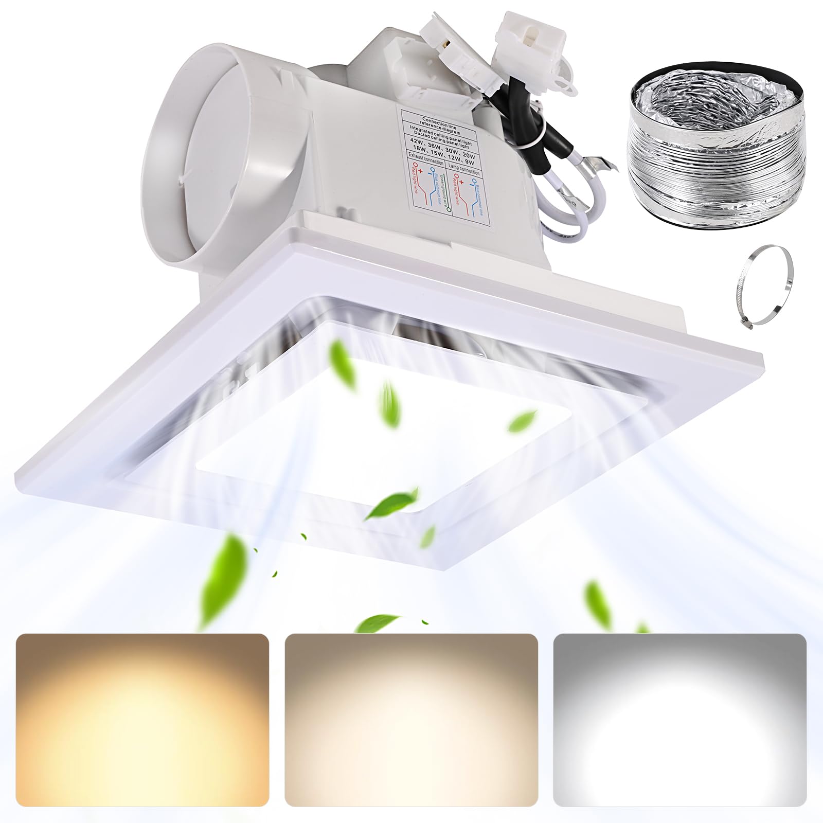 Feiton Square Bathroom Exhaust Fan With Led Light, Adjustable Color Temperature(3000K/4500K/6000K), 110 Cfm 30W 4 Inch Duct, 110