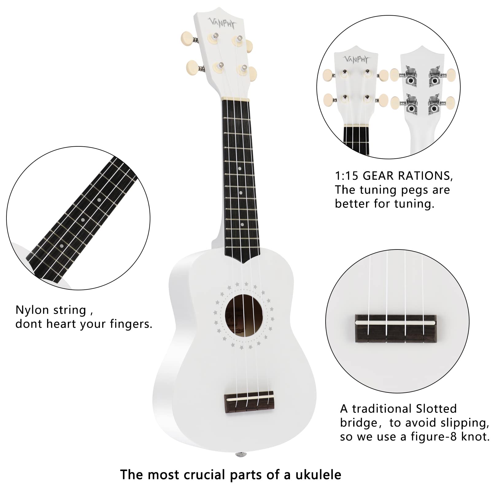 Vanphy Soprano Ukulele For Beginner Kids With Gig Bag,21 Inch Uke For Starter, Hawaiian Soprano Ukalalee Polishing Adults, Bassw