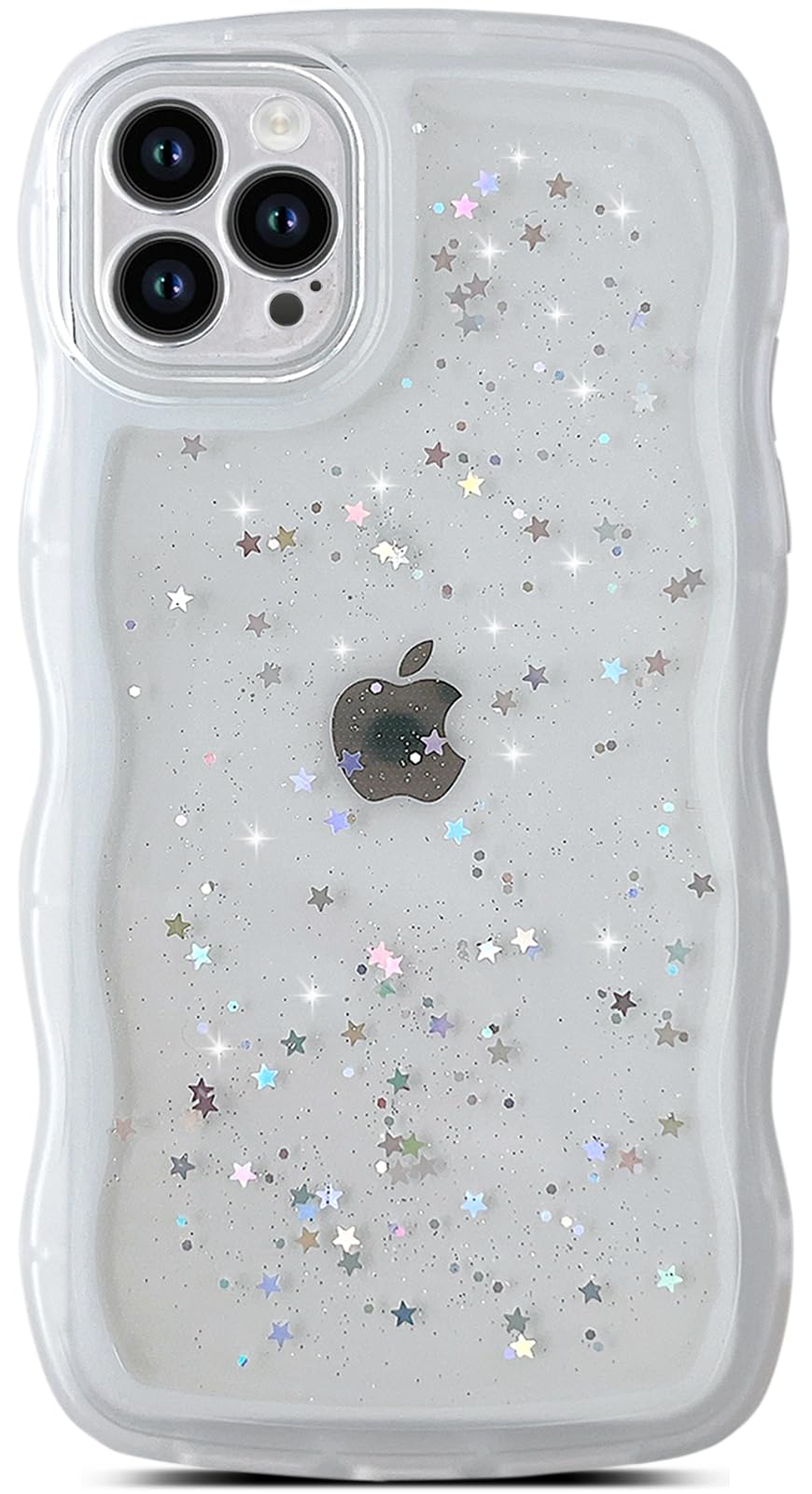 Qokey For Iphone 12 Pro Max Case 6.7'' Curly Wave Design Edge Transparent Bling Glitter Star Shiny Case Cute Clear Transparent F